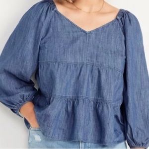 Sweetheart Neckline Blossom Long Sleeves Jean Blouse Size 2X Very Gently worn